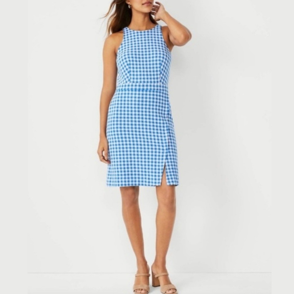 Ann Taylor Blue & White Gingham Check Sleeveless Sheath Dress Size 2 Tall Summer